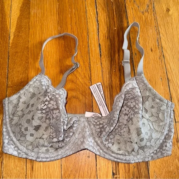 VICTORIAS SECRET Unlined Demi Bra Lace Grey 32DD - Picture 1 of 3